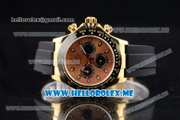 Rolex Daytona Clone Rolex 4130 Automatic Yellow Gold Case with Rose Gold Dial and Black Rubber Strap Black Subdials - 1:1 Original (BP) - Click Image to Close